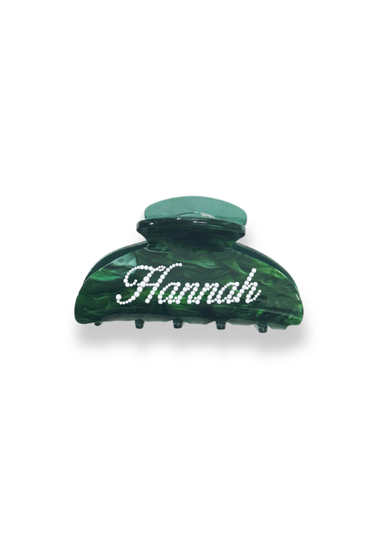 emerald colour hair claw clip with personalized name on it decorated with pearl